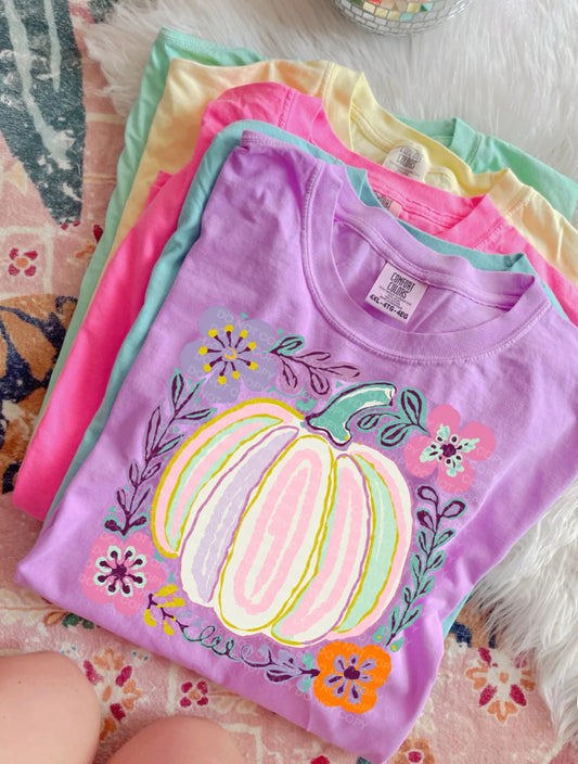 Pastel Pumpkin and Flowers Comfort Colors Shirt